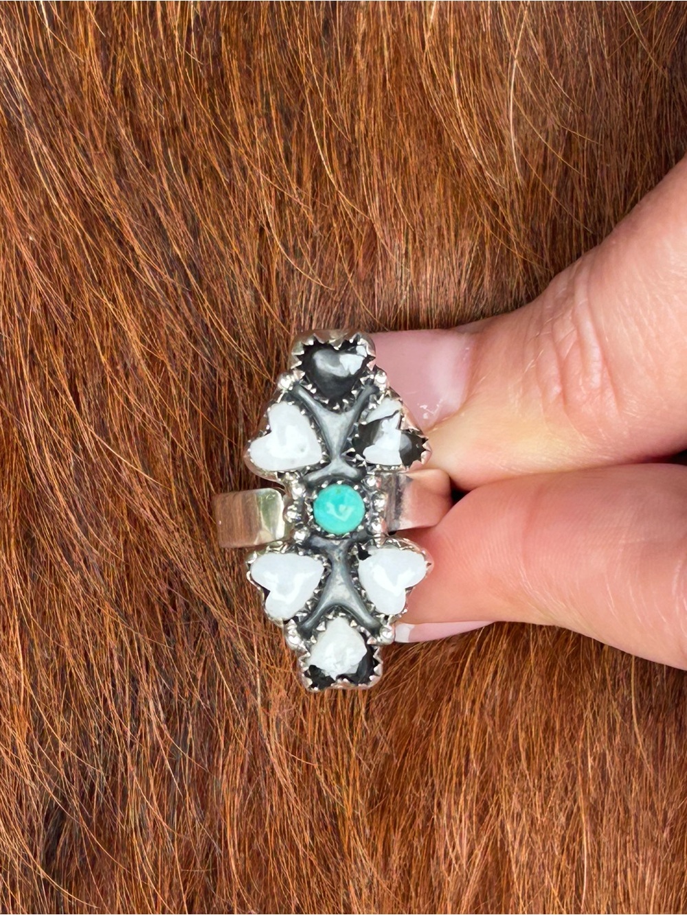 Sterling Silver White Buffalo and Turquoise Heart Cluster Ring